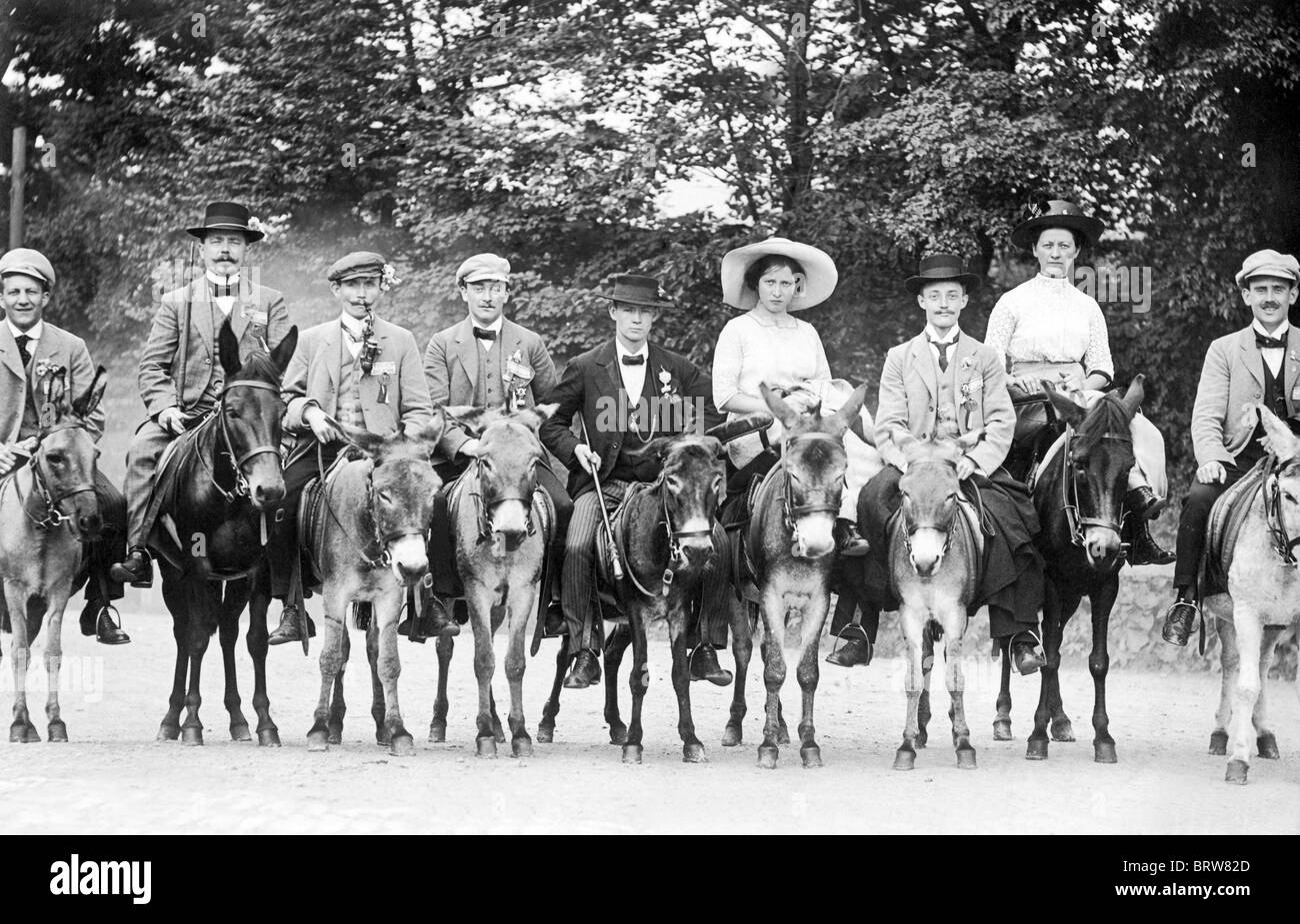 Outing on donkeys, historic photograph, around 1911 Stock Photo