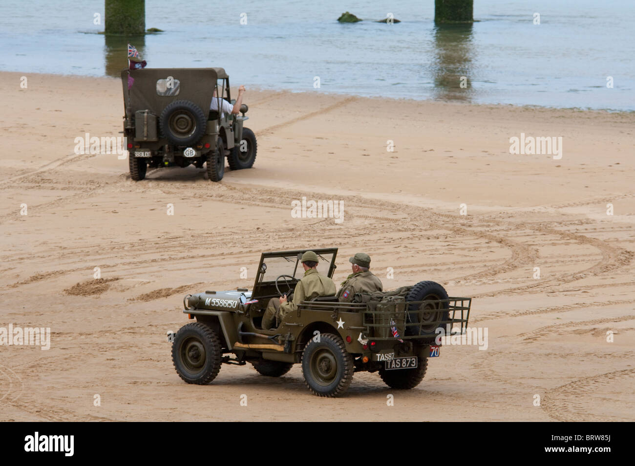 France, Normandy, Saint-Laurent-Sur-Mer, Omaha Beach. Vintage jeep. Stock Photo