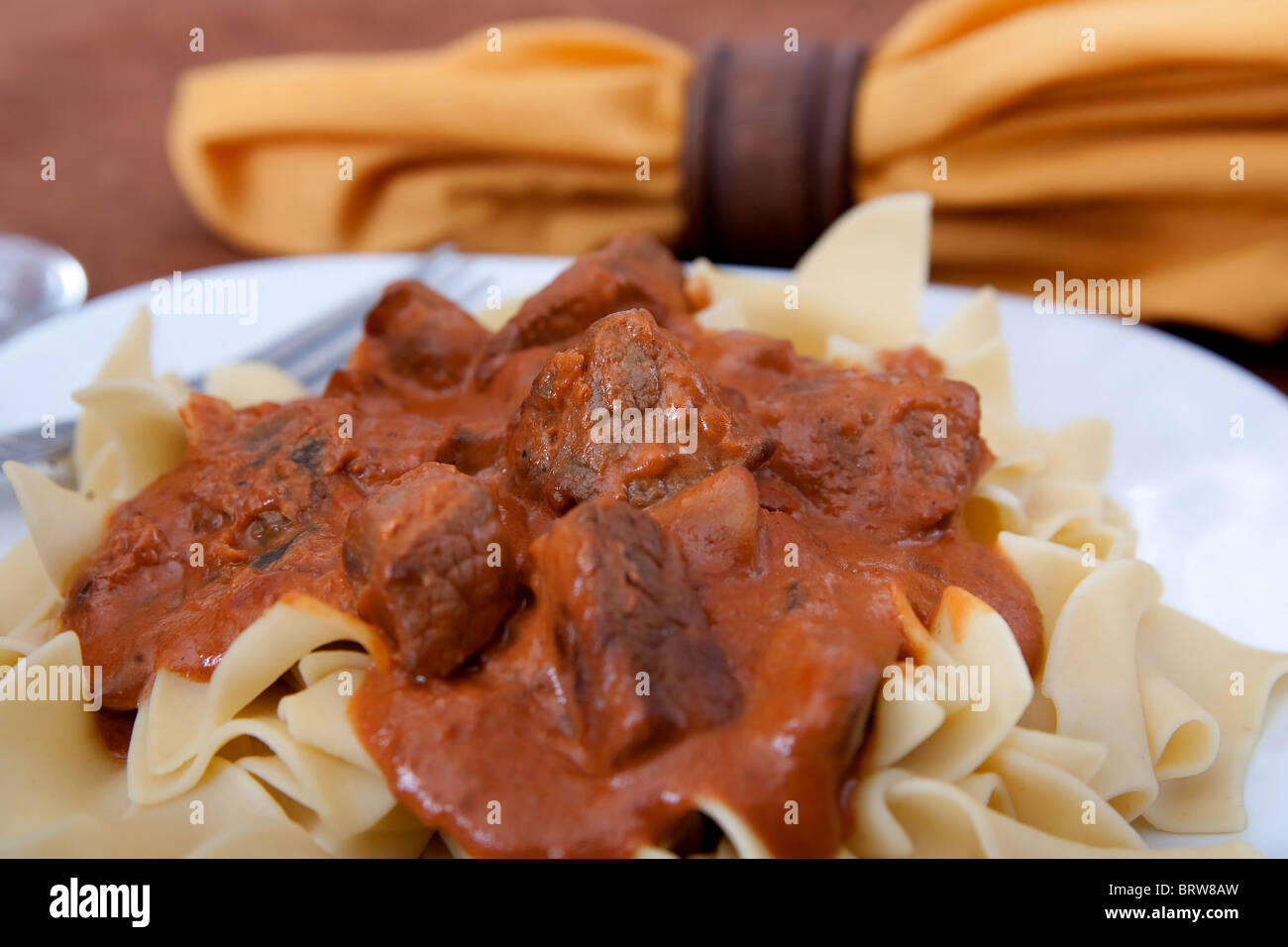 closeup plate of beef stroganoff over egg noodles with sauce Stock Photo