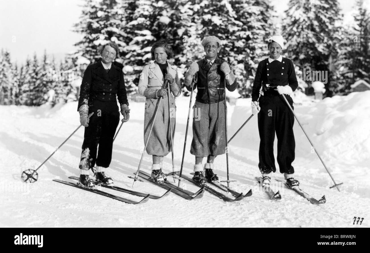 Skiing in the thirties, historic photgraph, around 1934 Stock Photo