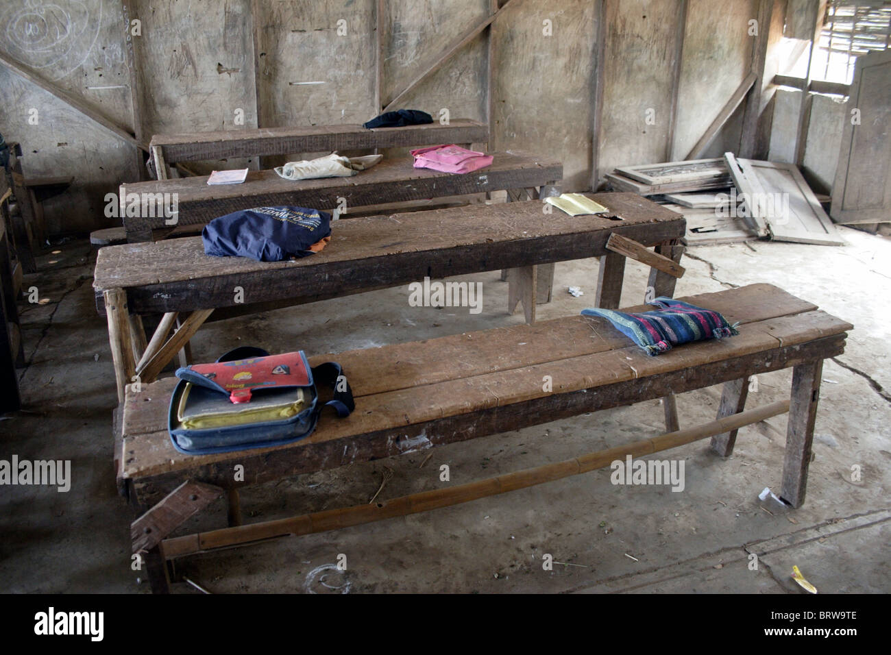 Old Broken Wooden Tables And Benches In Poor Condition Serve