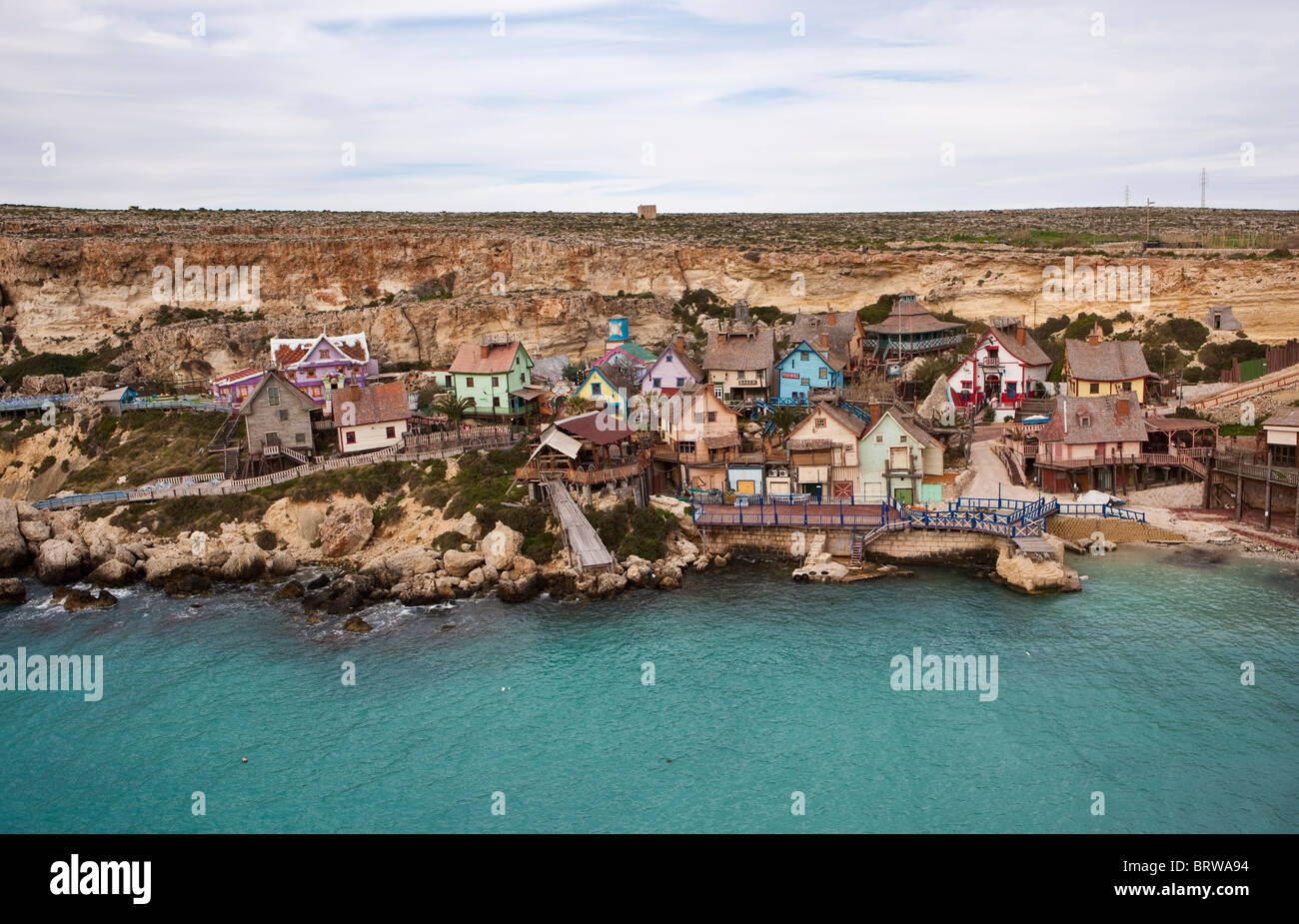 Popeye Village in Anchor Bay, film scenery for the Popeye film by Robert Altmann, Melliaha, Malta, Europe Stock Photo