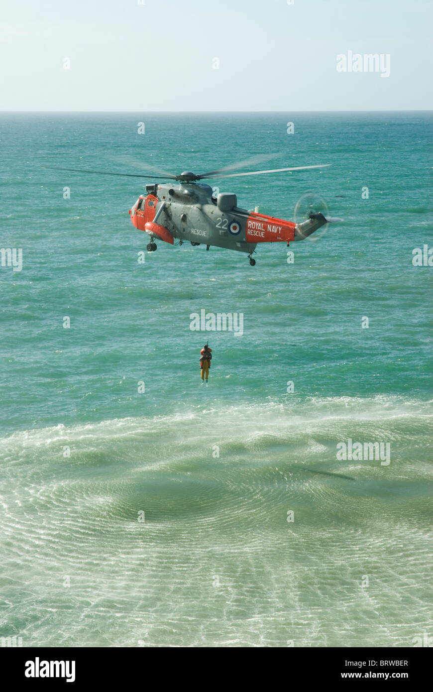 Helicopter rescue of a fisherman. Stock Photo
