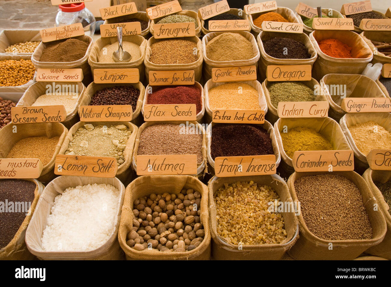 Exotic spices in Turkish market at Kalkan Stock Photo