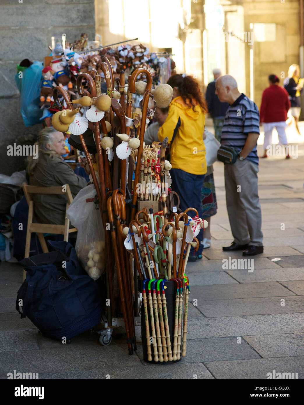 Pilgrim's staffs, shells and gourds for sale in street in Santiago de Compostela. Stock Photo