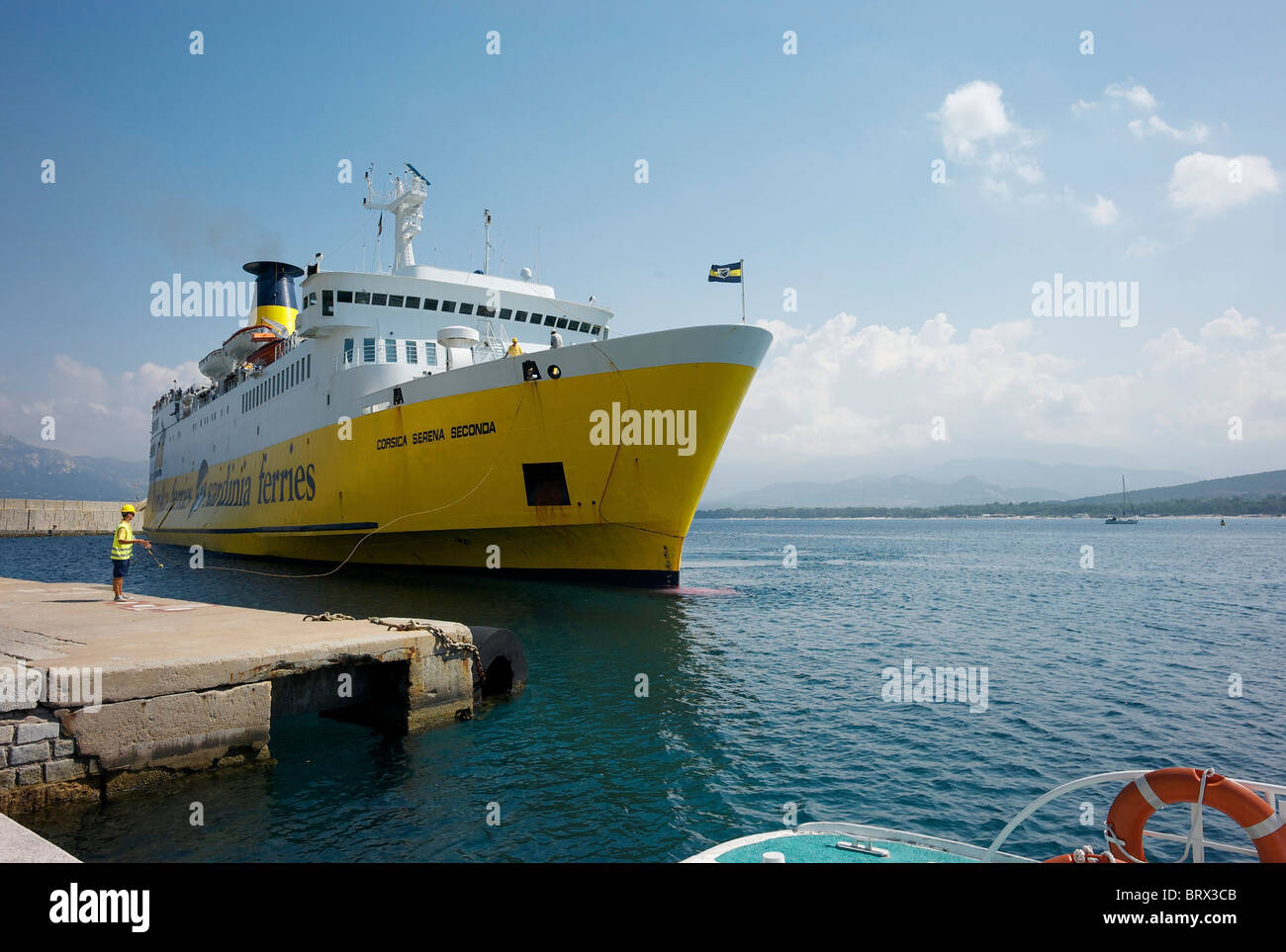 Ferry arriving up at the Port of Calvi on Corsica. Stock Photo