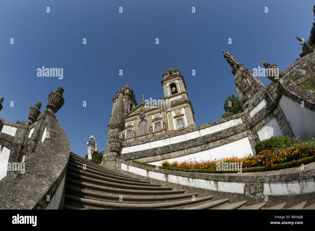 Top of the steps leading up to Bom Jesus do Monte Church in Portugal. Stock Photo