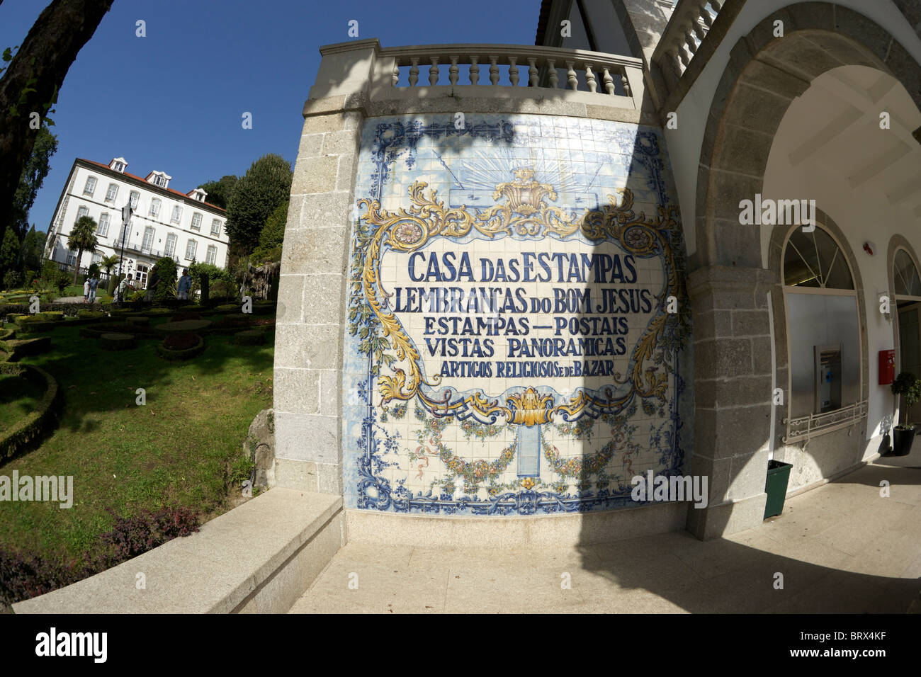 Shop selling stamps and other souvenirs at Bom Jesus do Monte above Braga in Portugal. The sign is produced on decorative tiles. Stock Photo
