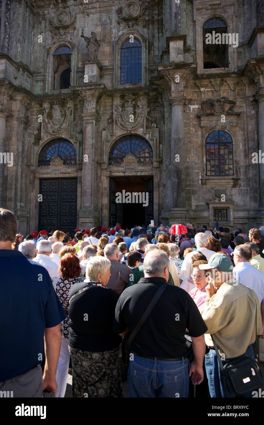Crowd of pilgrims waiting to get in to the cathedral at Santiago de Compostela. Stock Photo