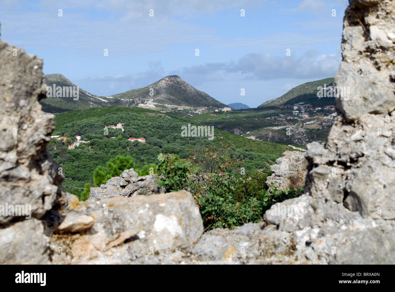 Breach in the walls of Anthousa Castle, fortress built by Ali Pasha 1814 to beseige nearby Parga. Looking north west. Stock Photo
