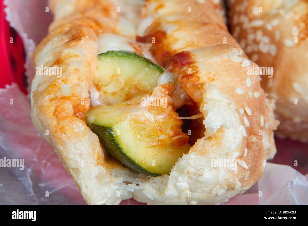 closeup of zucchini grinder sandwiches with melted mozzarella Stock