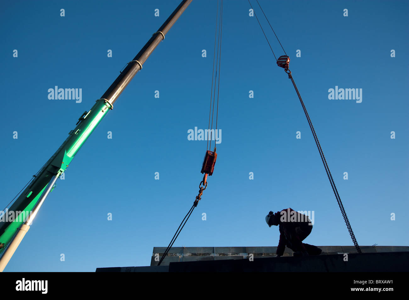 Lifting concrete sections. Mobile crane, construction work. Kverneland, Time, Rogaland, Norway Stock Photo