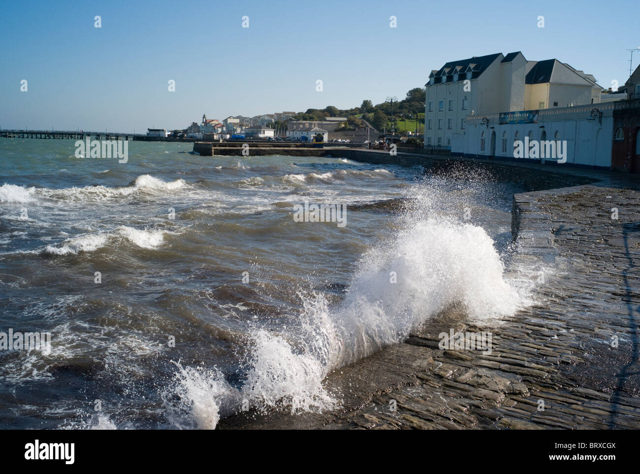 Waves crash on Swanage seafront, Dorset, UK Stock Photo
