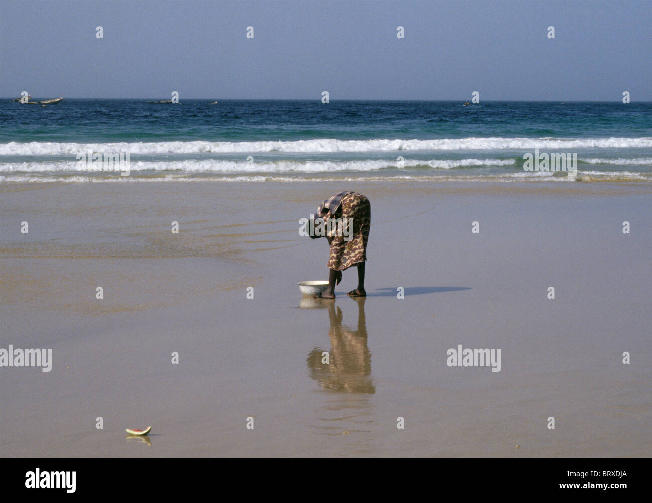 woman collecting shellfish on the seashore - M'bour - Senegal Stock Photo