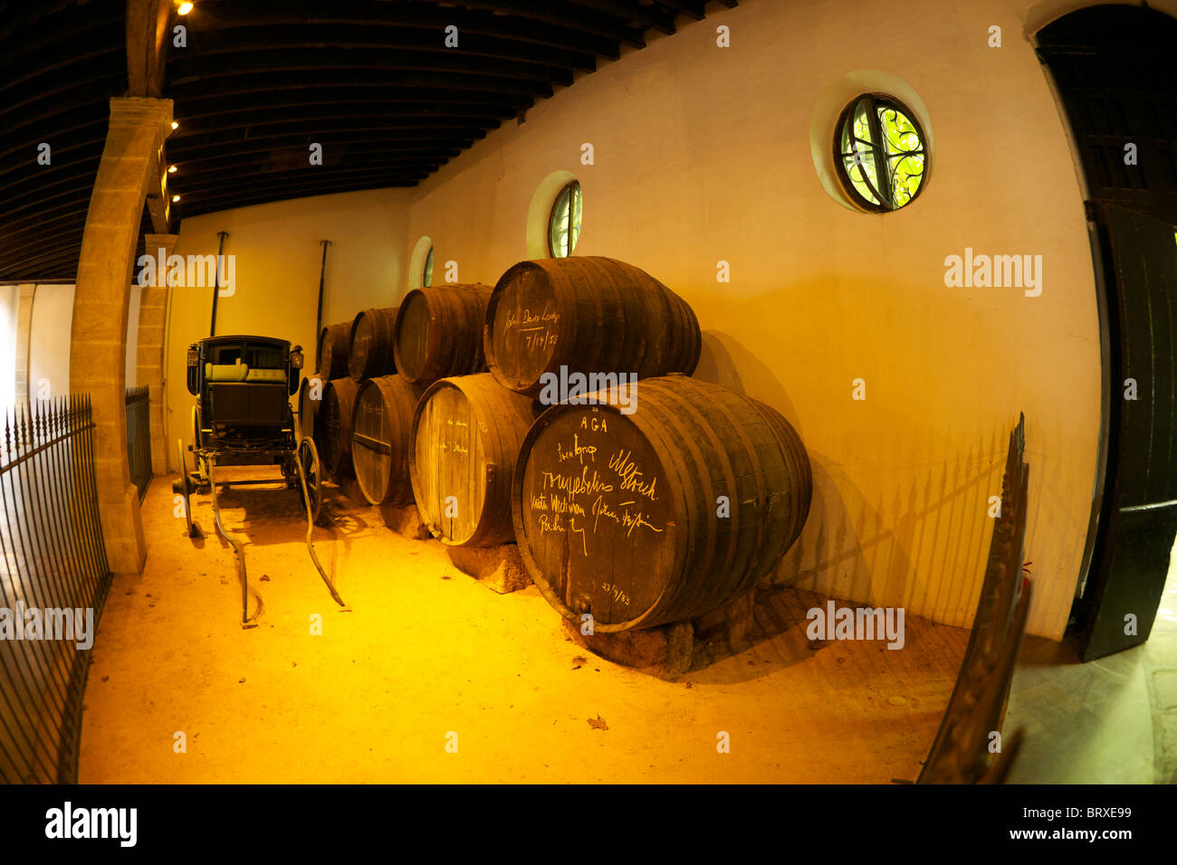 Old Sherry barrels in Gonzalez Byass Jerez Plant. Stock Photo