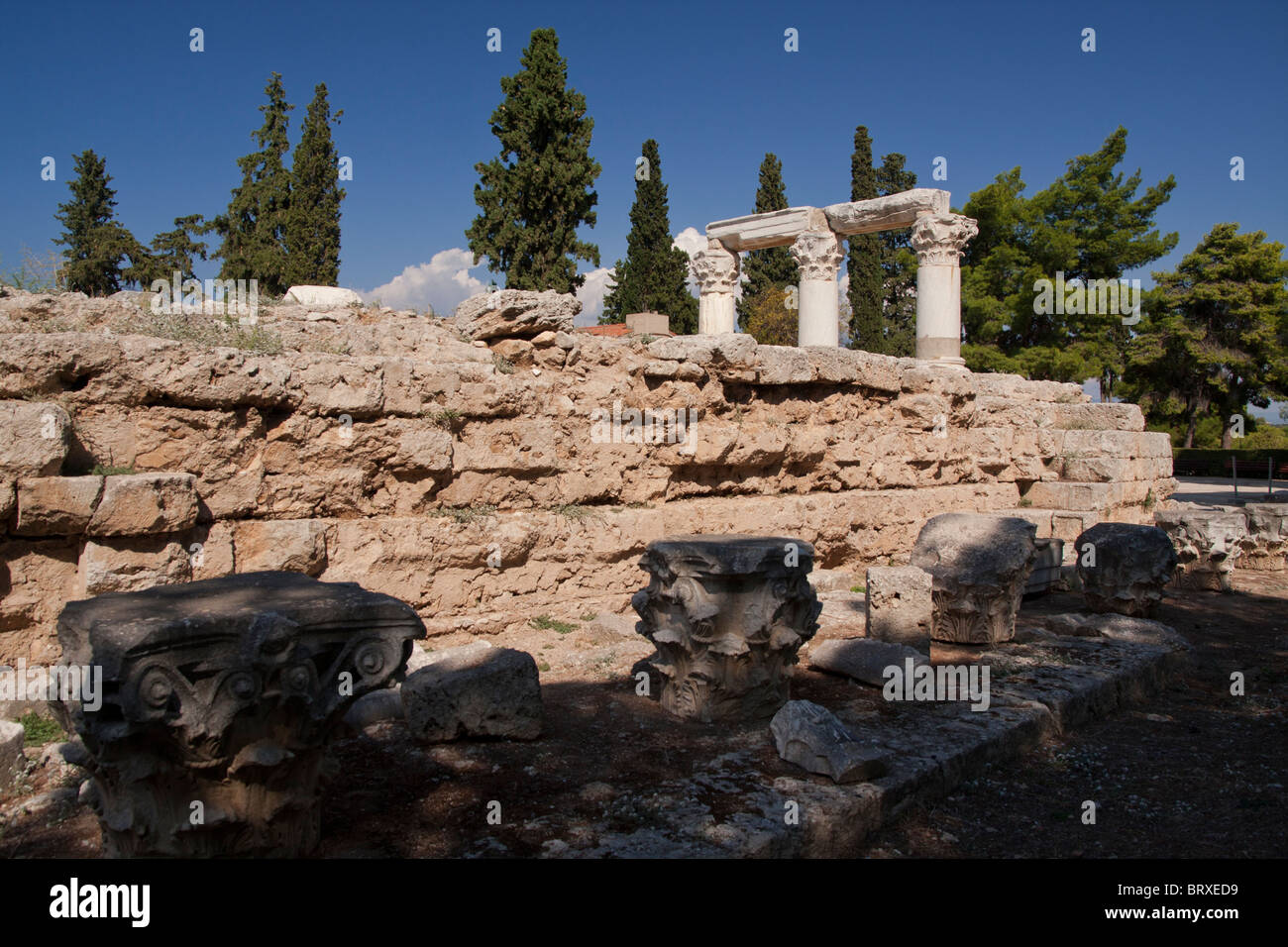 Ancient Corinth archaeological site, The Temple of Octavia Stock Photo