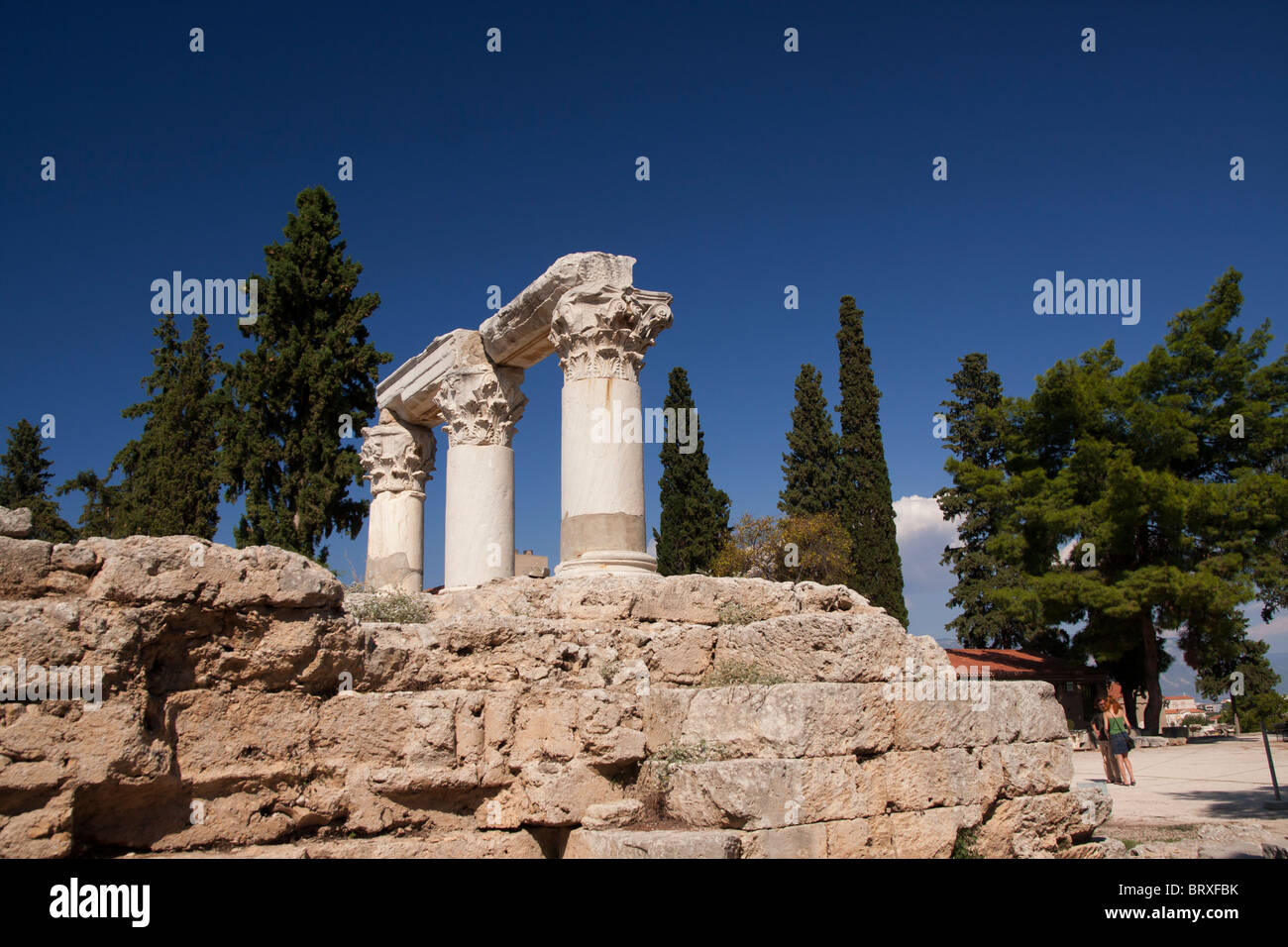 Ancient Corinth archaeological site, The Temple of Octavia Stock Photo