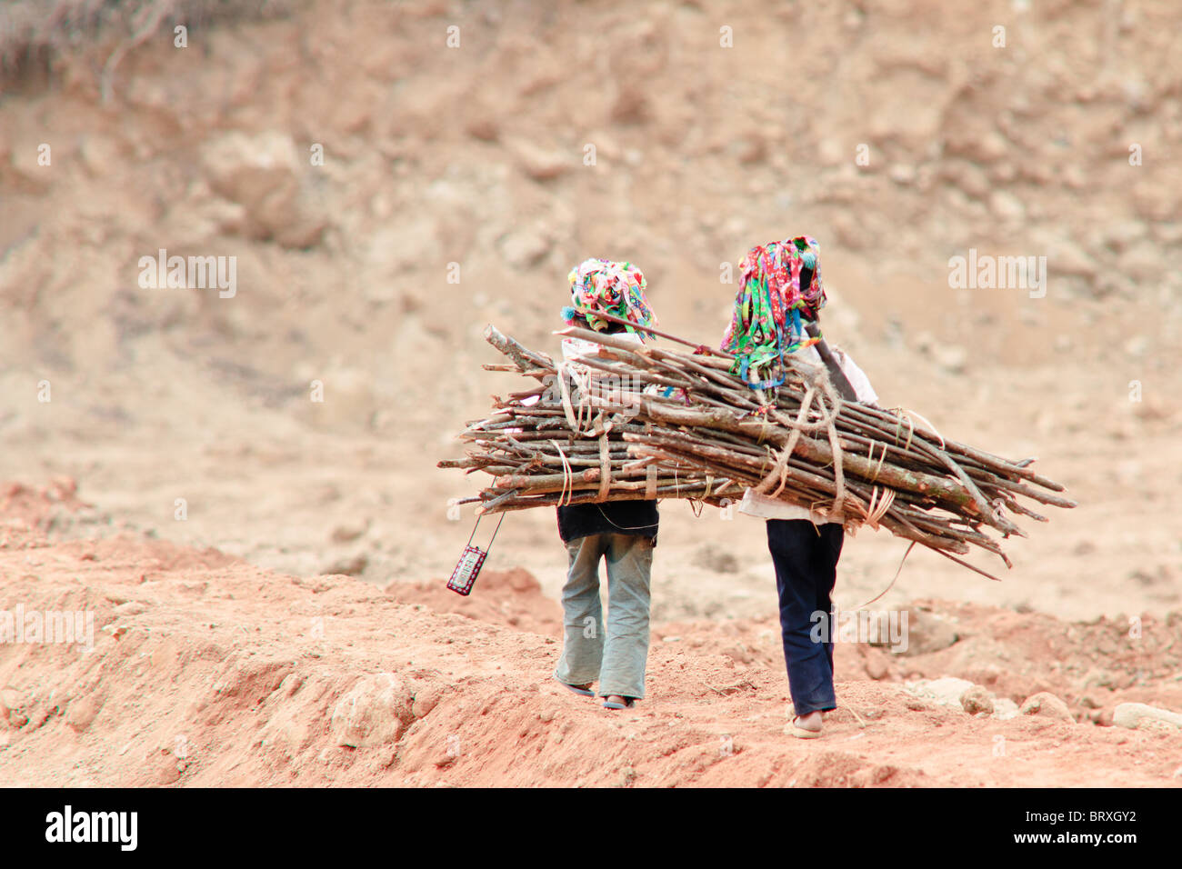 two young Black Dzao girls carry bundles of sticks in order to earn an ice cream cone Stock Photo