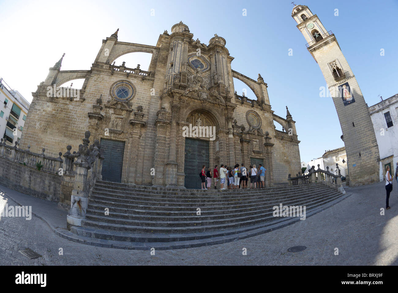 Tourists outside the Jerez Cathedral. Stock Photo