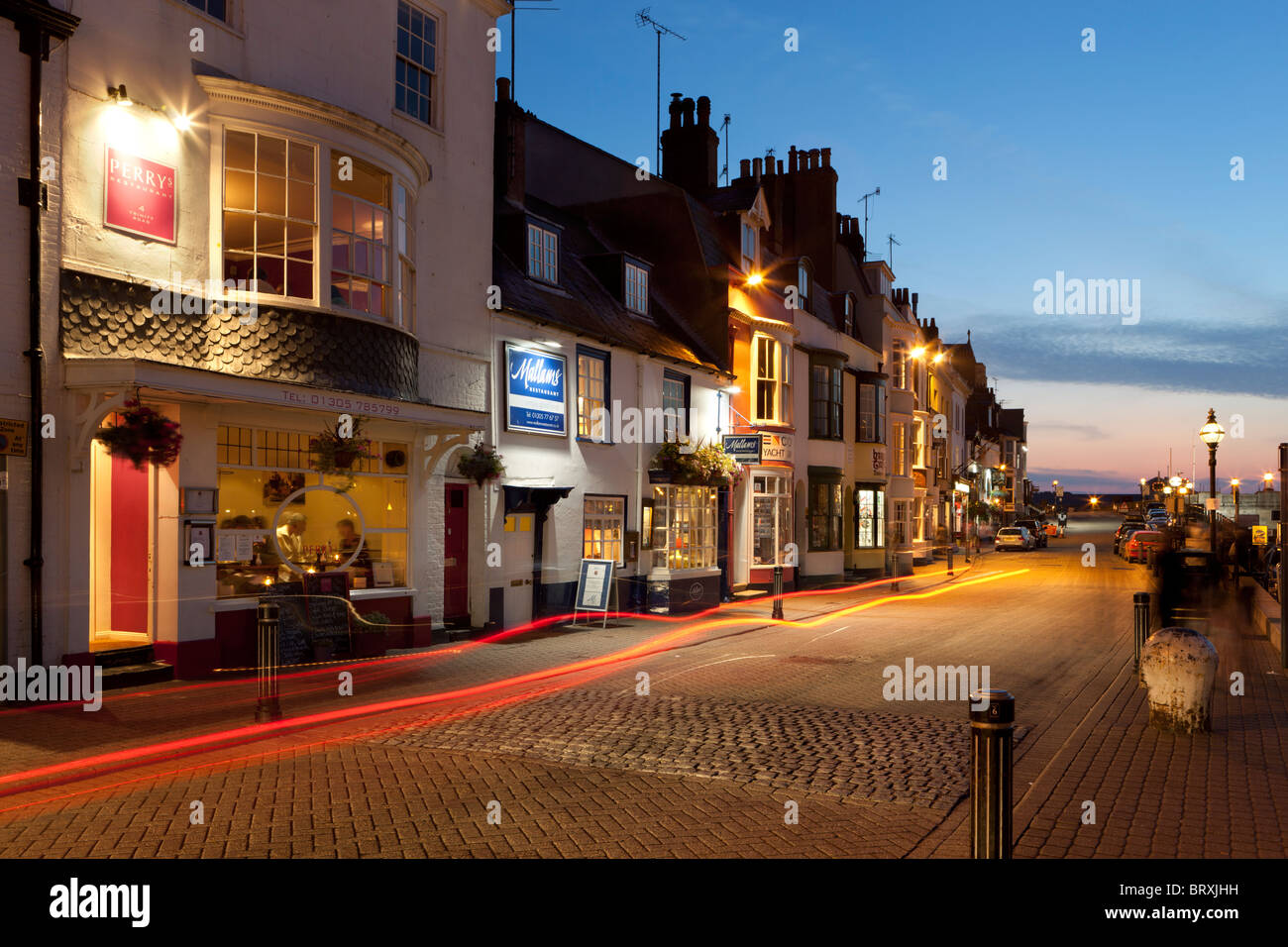 Restaurants along the Old Harbour in Weymouth in the evening Stock