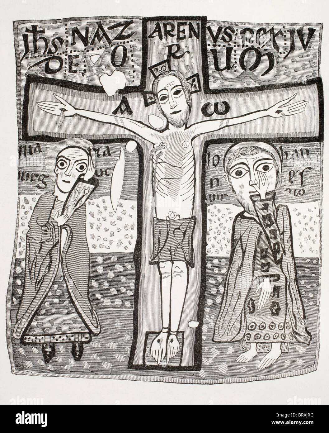 Crucifixion of Jesus Christ. After a miniature in an 11th century missal. Stock Photo