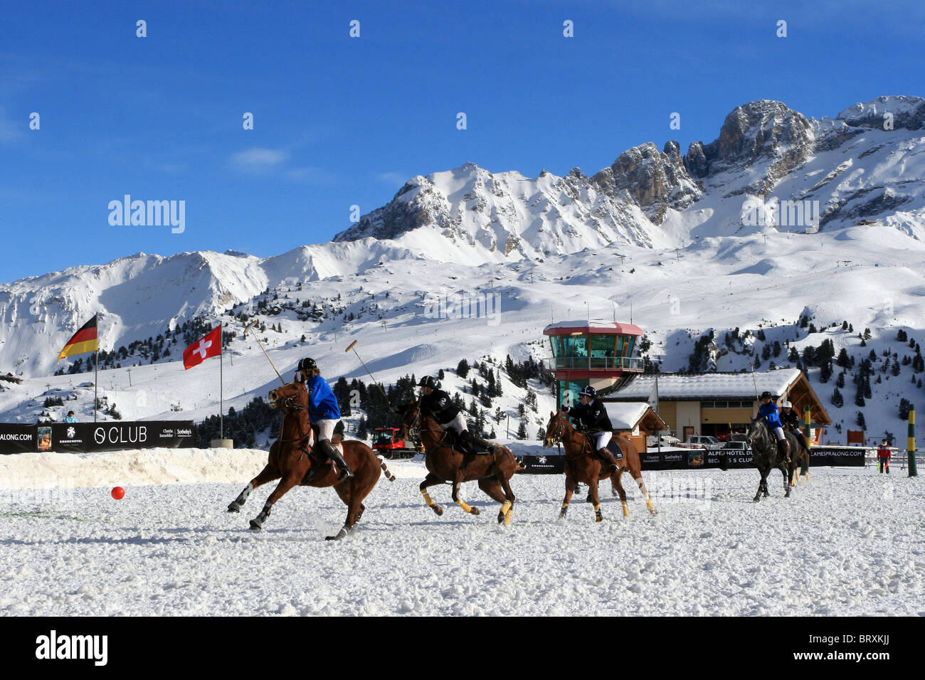 POLO MATCH, FRANCE VS RUSSIA, AT THE ALTIPORT, COURCHEVEL SKI RESORT AT 1850 METERS, SAVOY (73), FRANCE Stock Photo