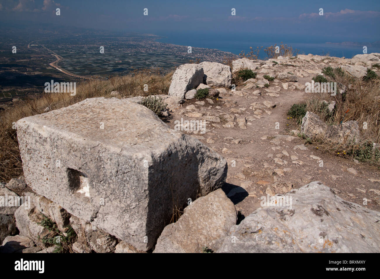 Ruins of Aphrodite's temple on Acrocorinth fortress in Ancient Corinth Stock Photo