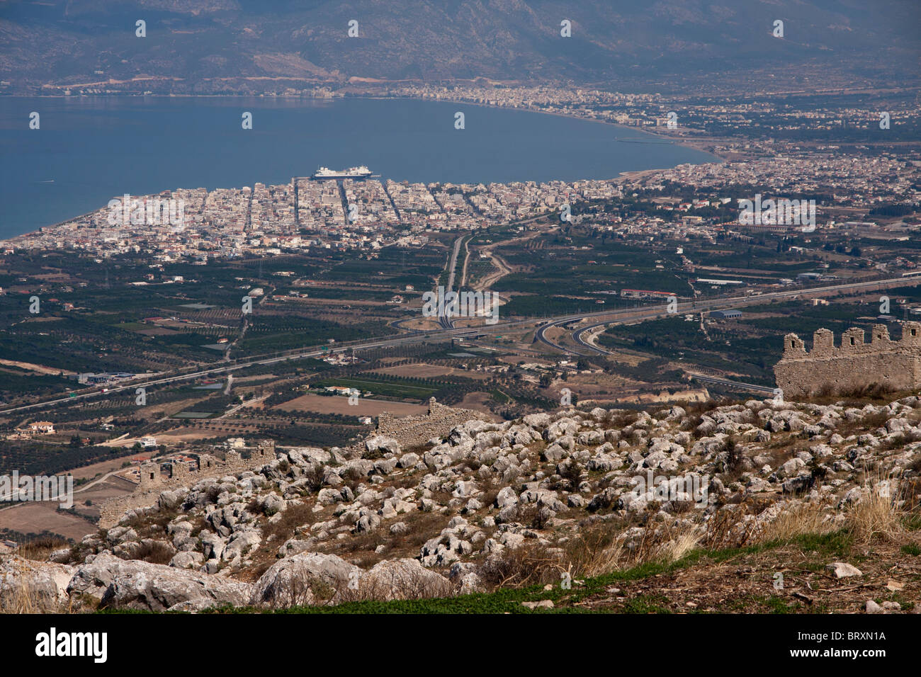 View to moden Corinth and Loutraki cities from Acrocorinth fortress Stock Photo