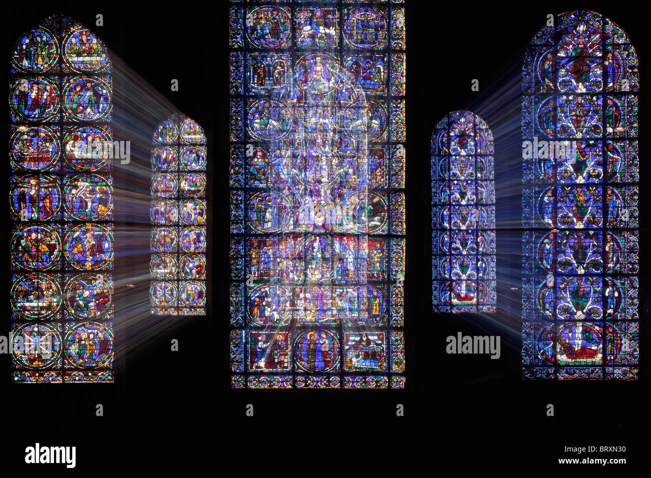 STAINED GLASS IN THE WEST ROSE WINDOW, THE LAST JUDGMENT, CHARTRES CATHEDRAL, EURE-ET-LOIR (28), FRANCE Stock Photo
