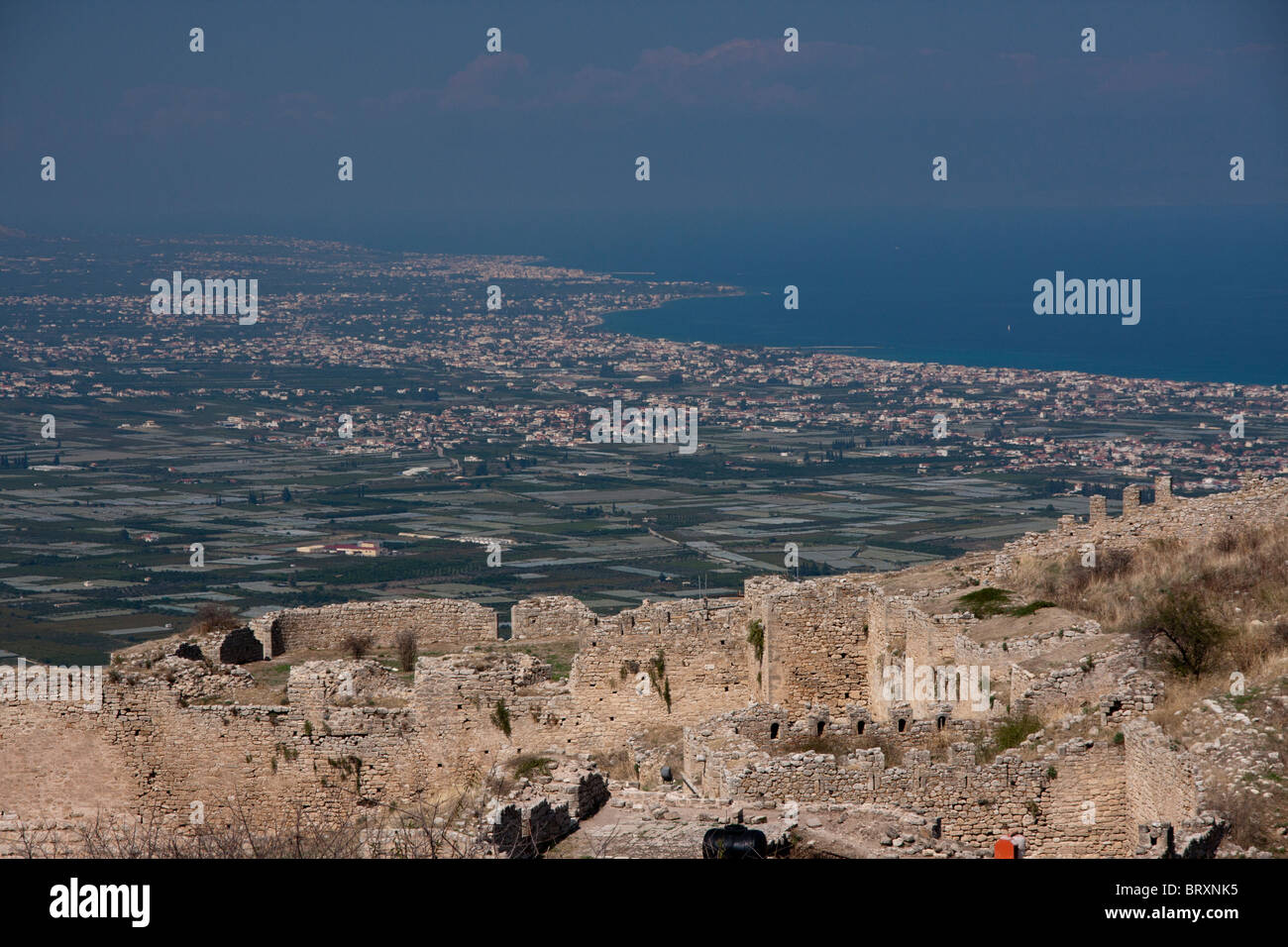View from Acrocorinth fortress in Ancient Corinth Stock Photo