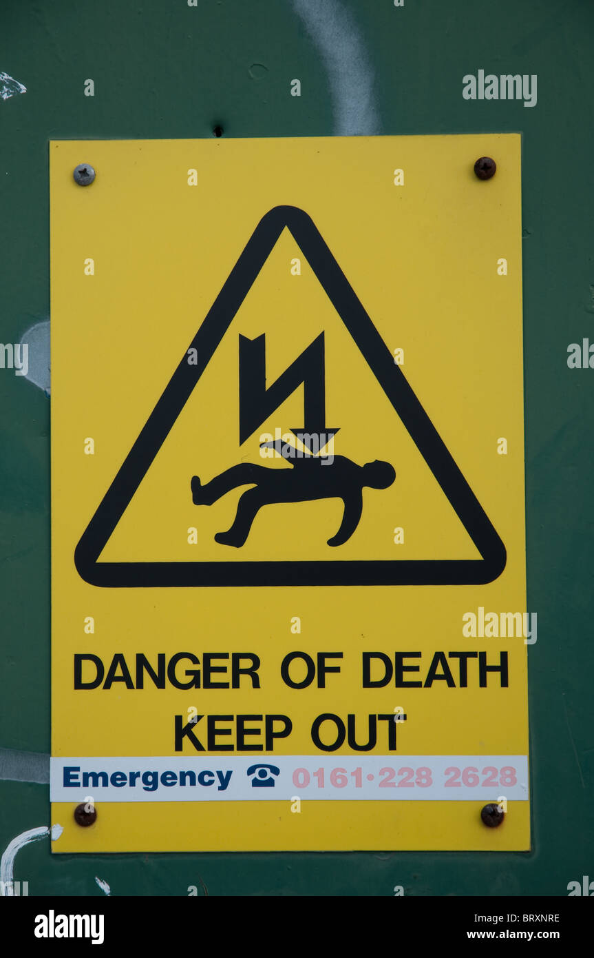 High voltage danger sign on substation,Manchester,UK. Stock Photo
