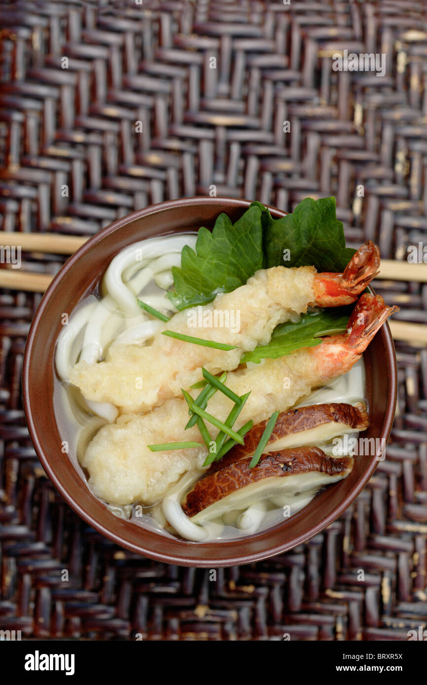 Tempura prawn and Shitake mushrooms in Udon soup Stock Photo