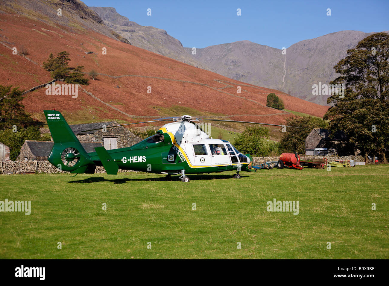 Great North Air Ambulance, on a call at Wasdale Head, Cumbria. No crew visible. Stock Photo