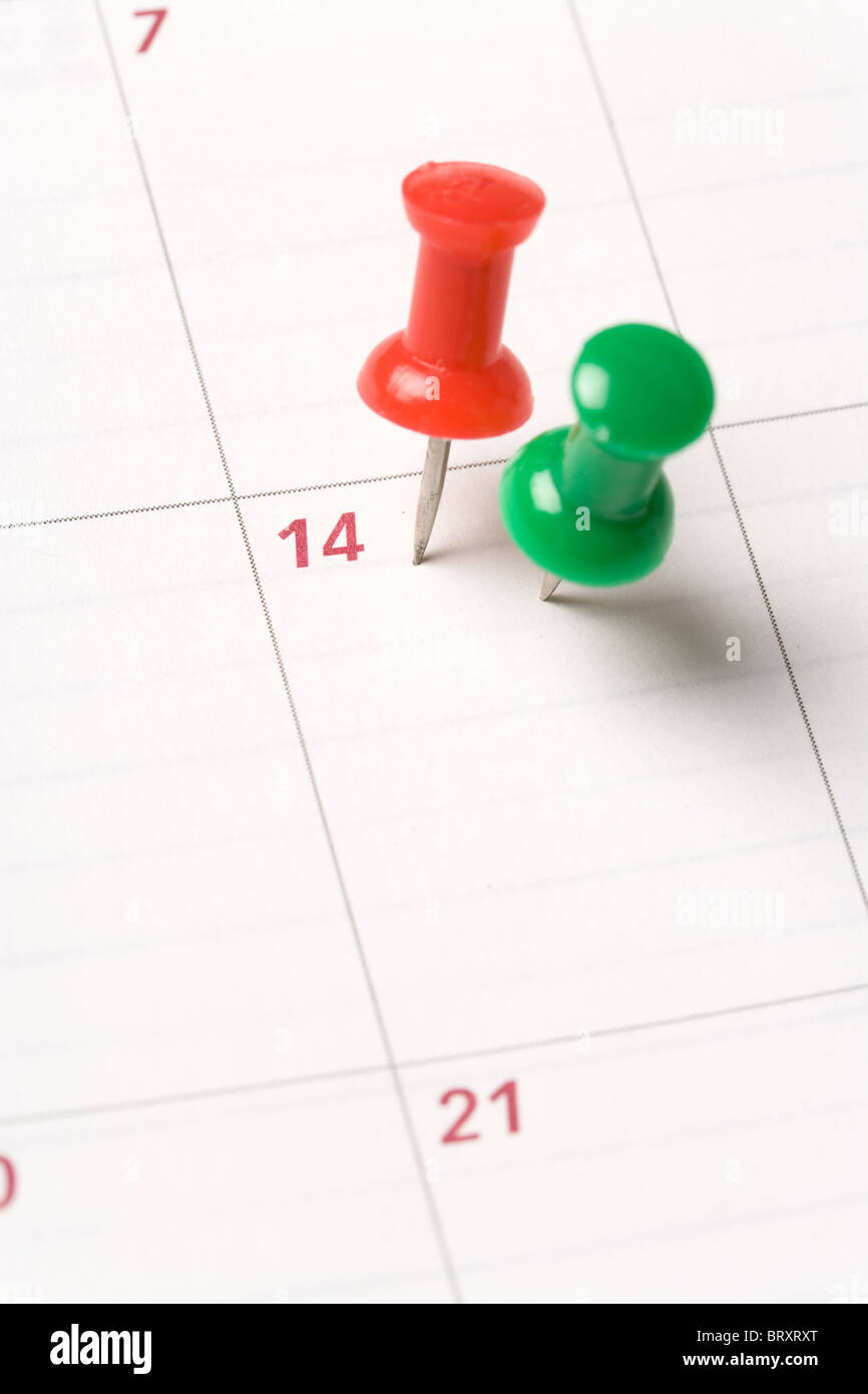 Calendar and Thumbtack close up shot for background Stock Photo