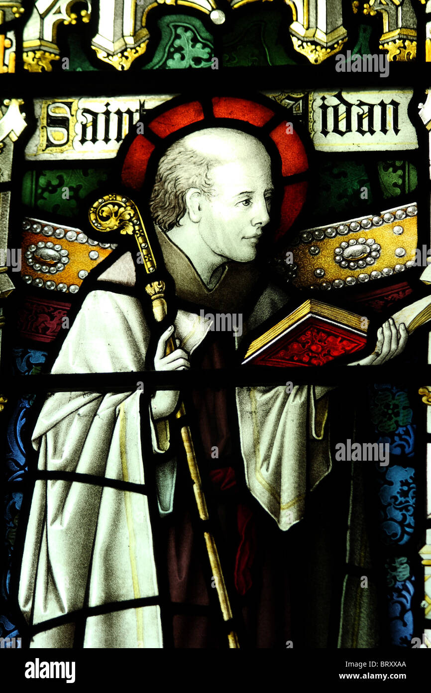 Stained Glass Window depicting St Aidan of Lindisfarne, Stock Photo
