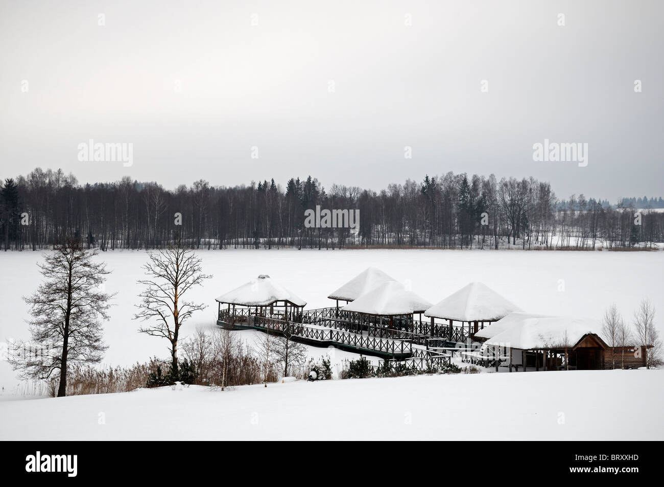 bandstand prom promenade frozen lake snow cover covered winter ice frost Stock Photo