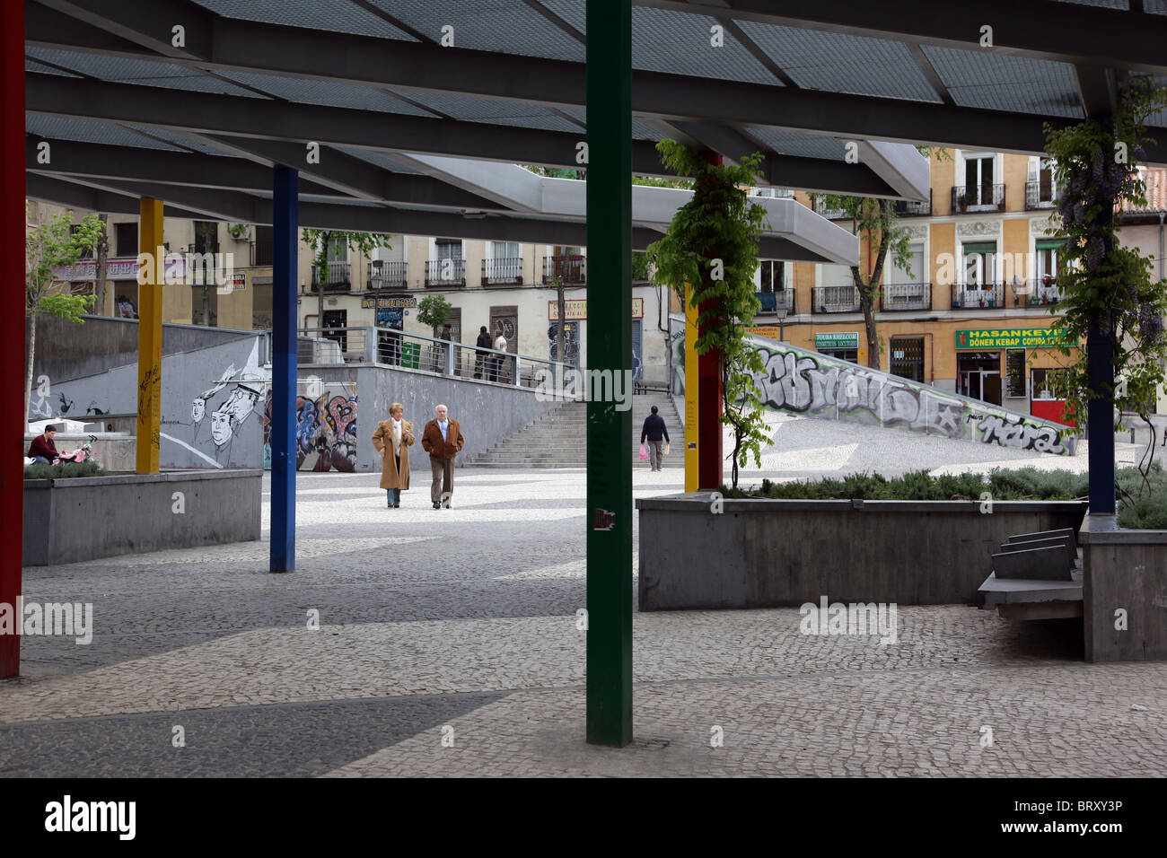 ESPLANADE ON THE CALLE DEL SOMBRERETE, LAVAPIES NEIGHBORHOOD, MADRID, SPAIN Stock Photo