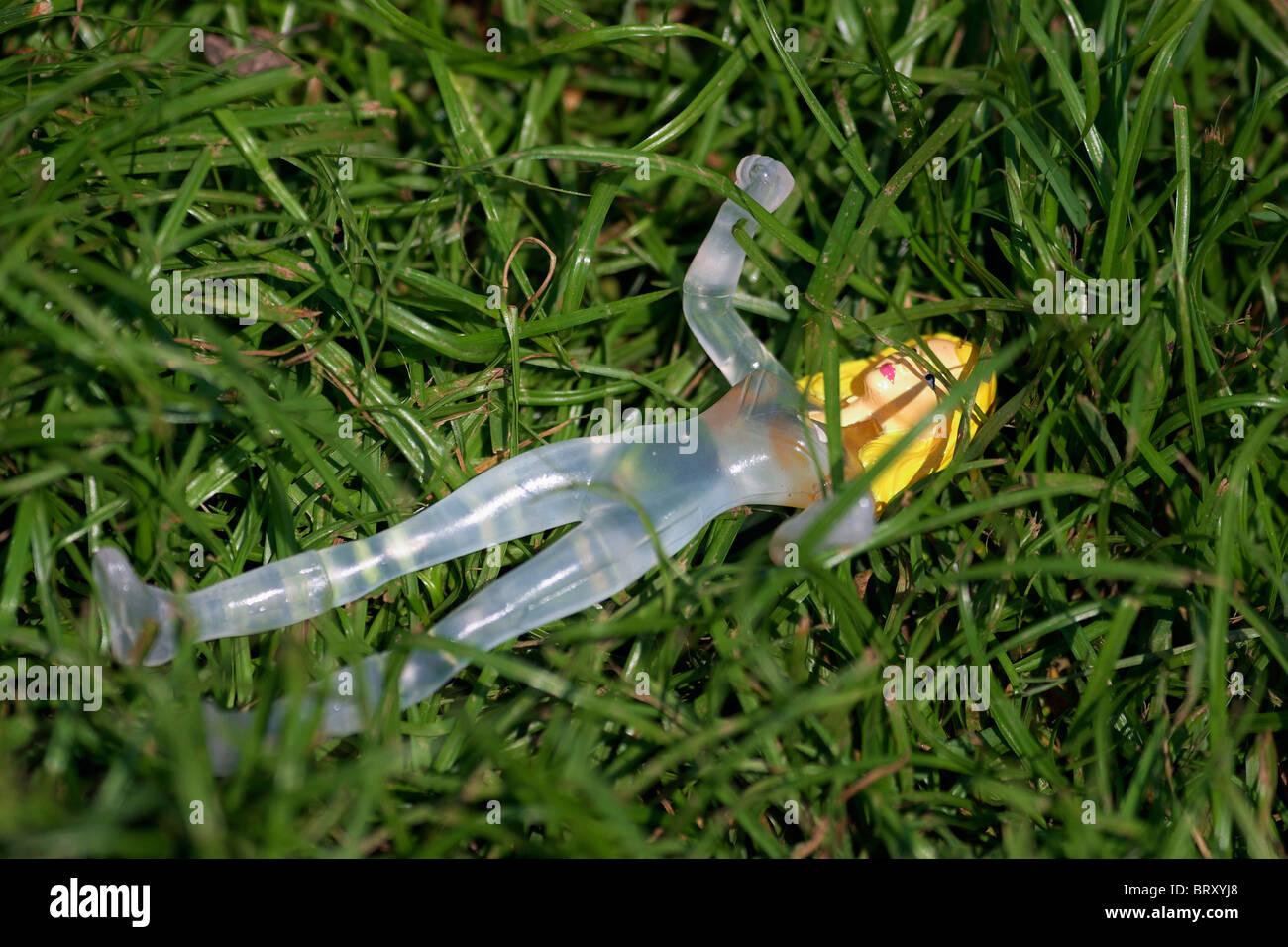 A female superhero toy lost in the grass. Stock Photo