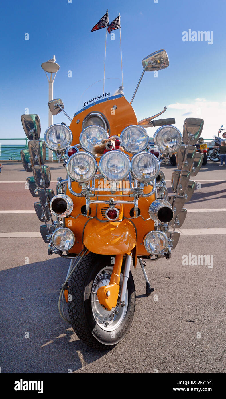 Mod moped decorated with many lights Stock Photo