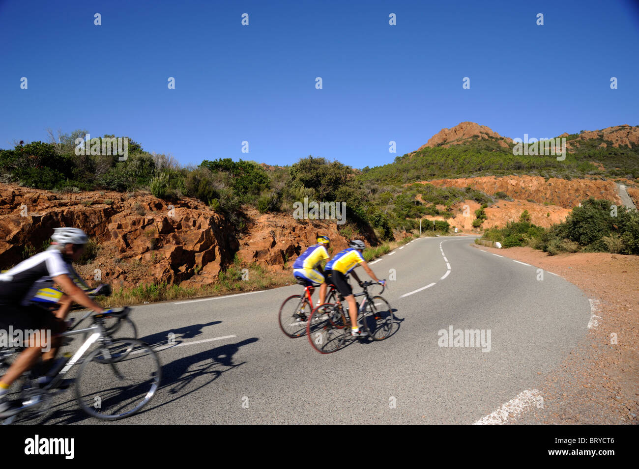 France, Provence, Côte d'Azur, Corniche de L'Esterel road, bicycles Stock Photo