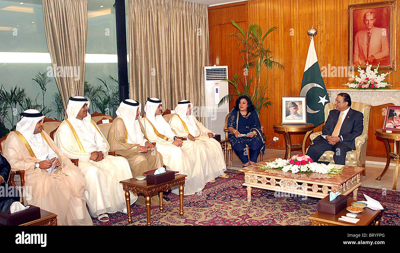 President, Asif Ali Zardari in meeting with Delegation of Philanthropist Organization from Qatar at Aiwan-e-Sadr in Islamabad on Stock Photo