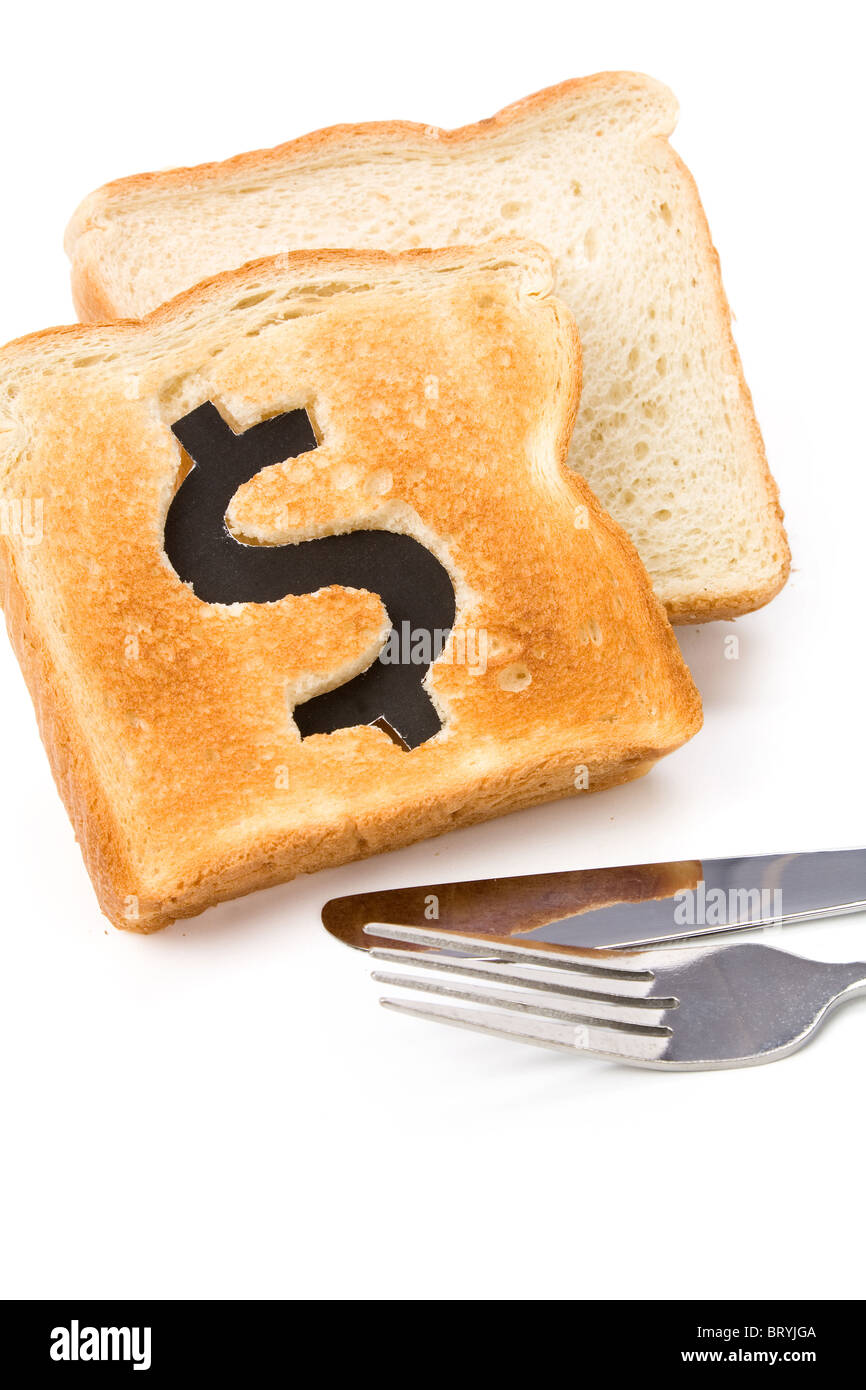 bread slice with dollar sign, concept high price of food or food for business Stock Photo