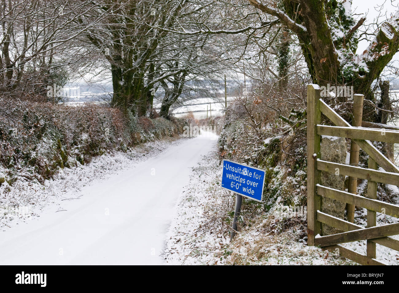 Narrow lane in snow with Unsuitable for vehicles over 6'0' wide sign, Dartmoor, Devon UK Stock Photo