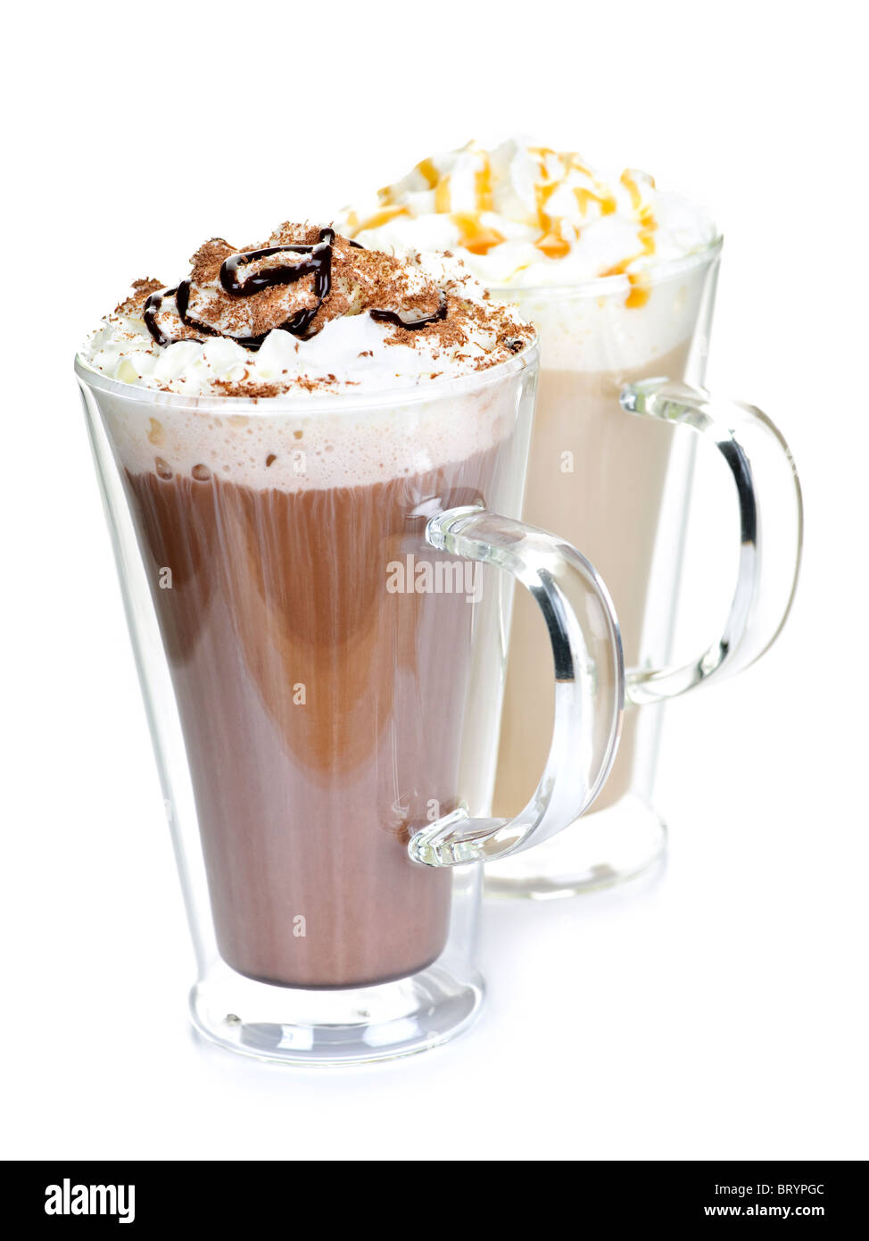 Hot chocolate and coffee beverages with whipped cream isolated on white background Stock Photo