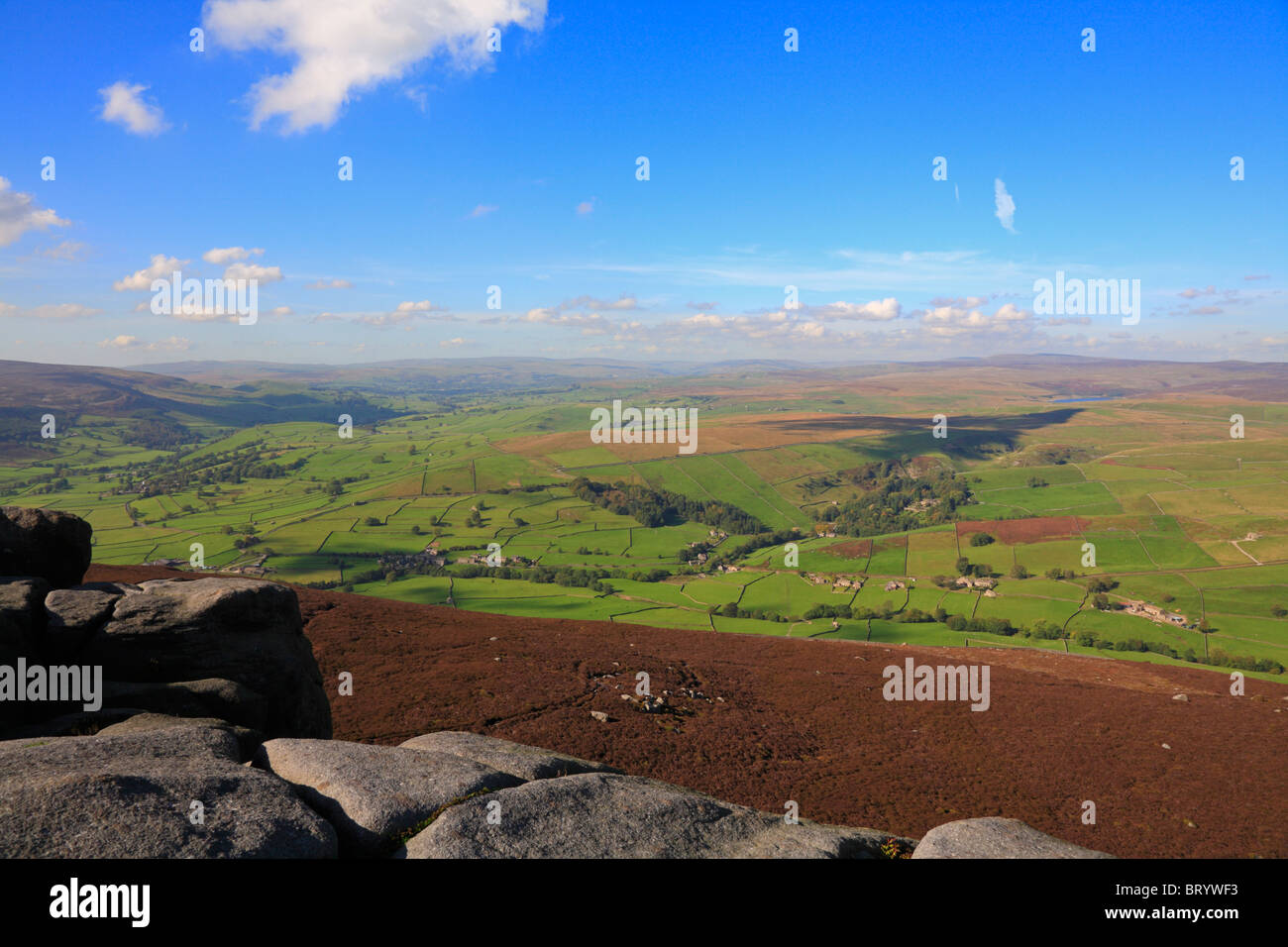 Wharfedale from Simon's Seat on Barden Fell near Bolton Abbey, Yorkshire Dales National Park, North Yorkshire, England, UK. Stock Photo