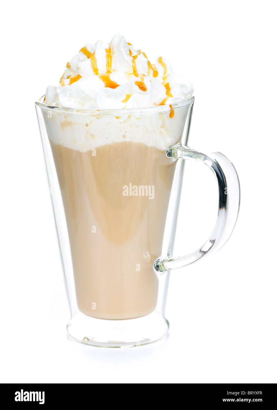Caffe latte coffee with whipped cream isolated on white background Stock Photo