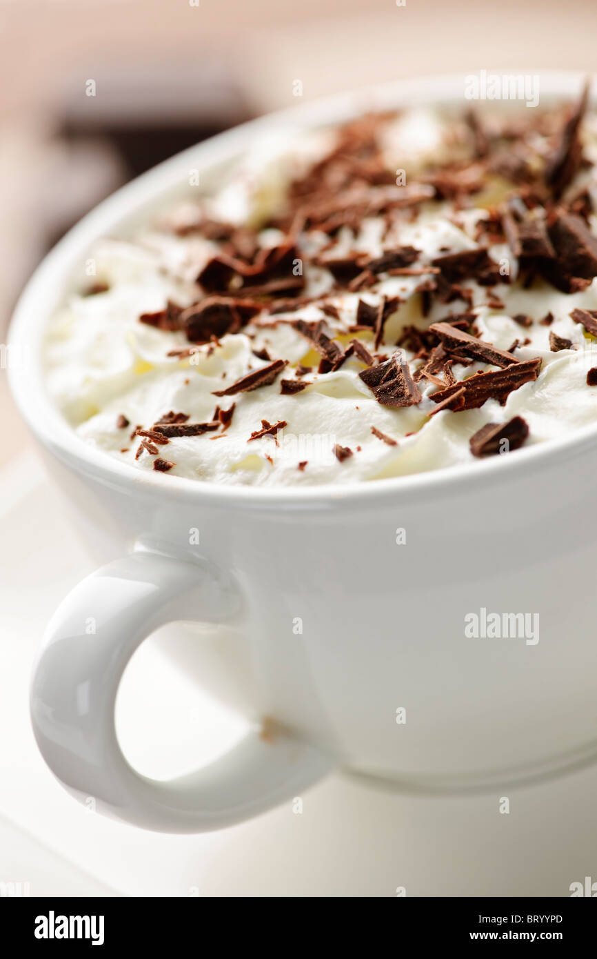 Hot cocoa with shaved chocolate and whipped cream Stock Photo