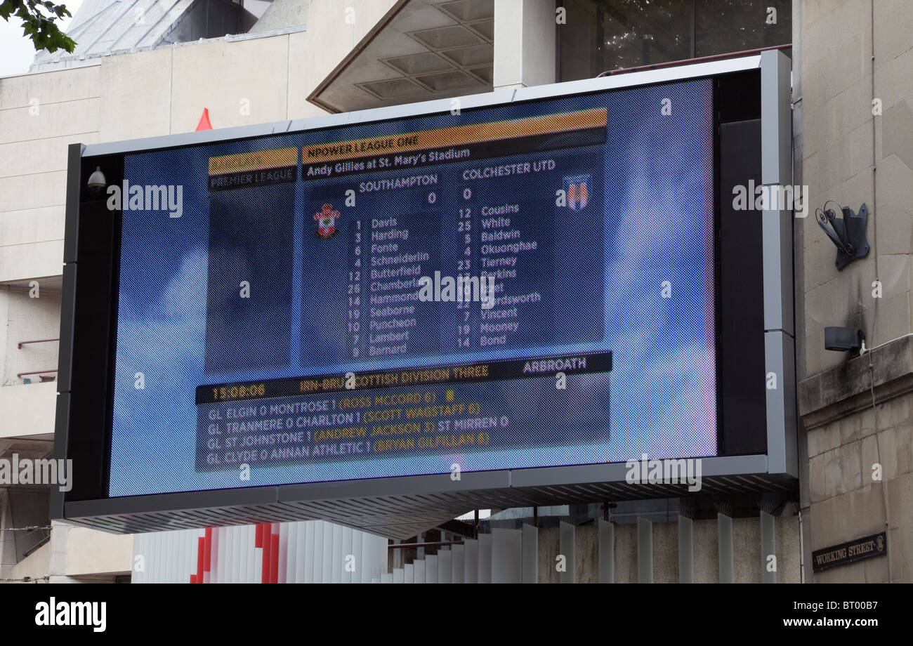 Large plasma television screen showing football results outside St David's shopping centre. Cardiff, Glamorgan, South Wales, UK Stock Photo