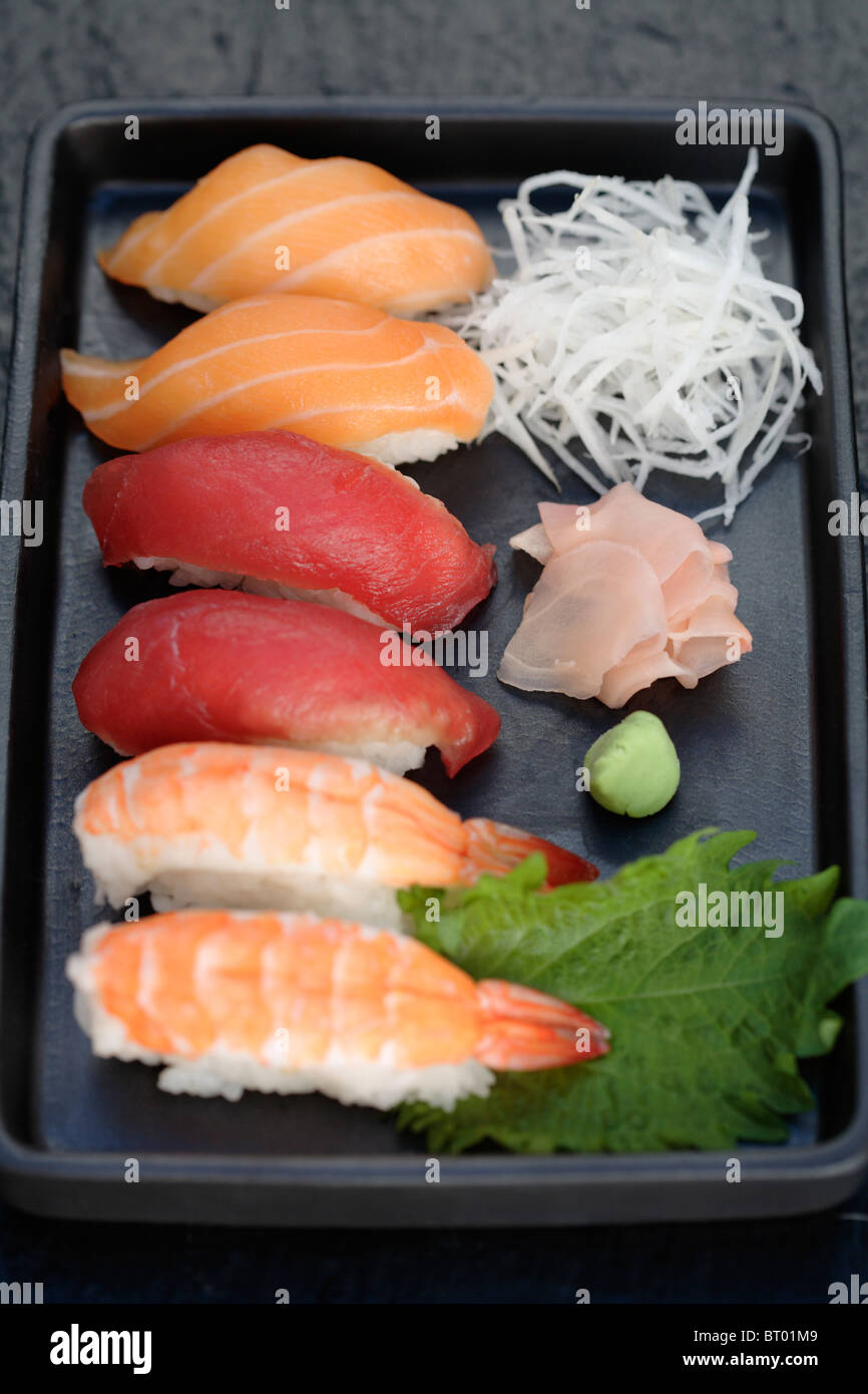 Variety of Nigiri sushi on tray Stock Photo