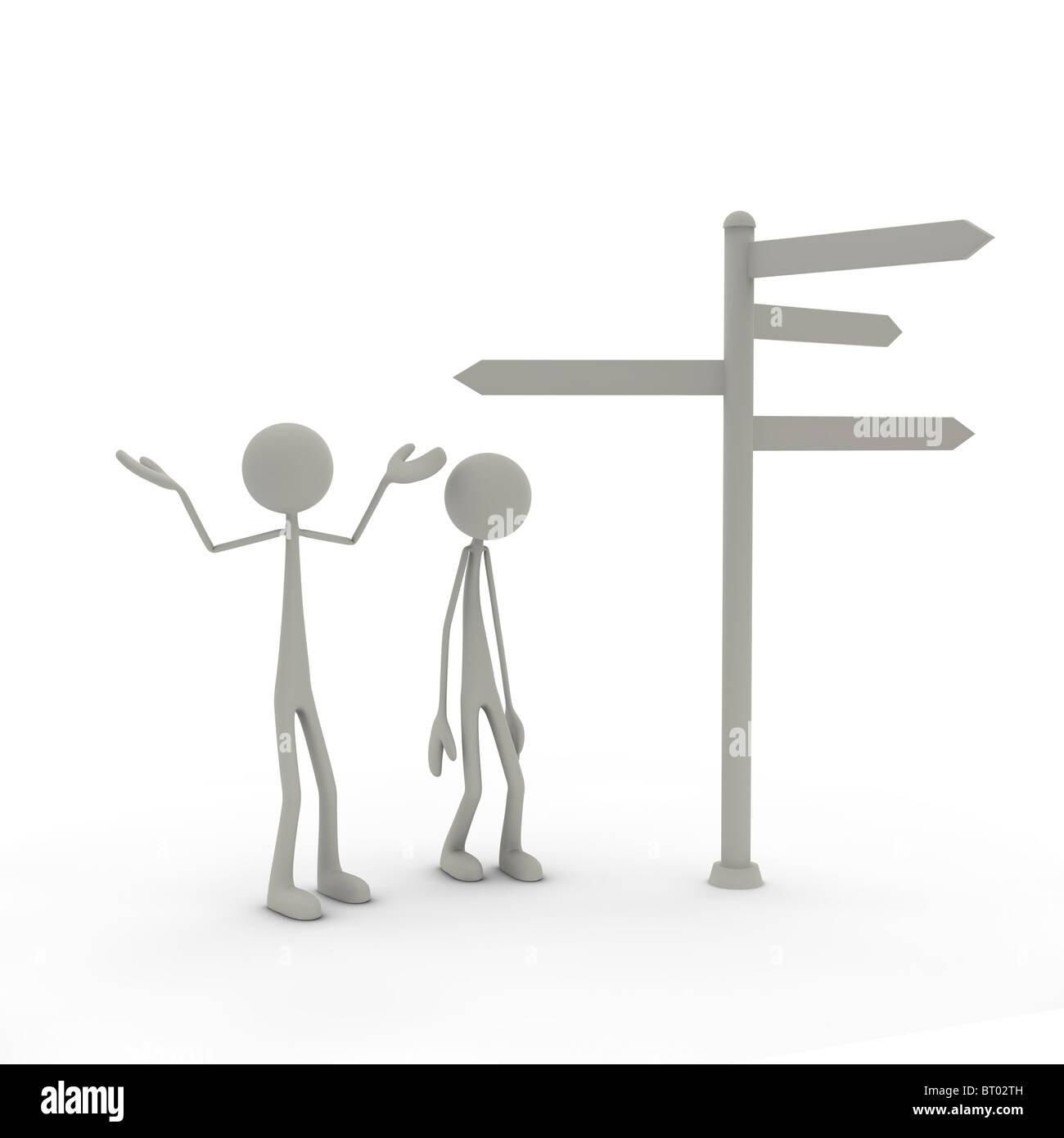 Figures with direction sign with arms up Stock Photo